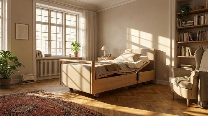 Ein modernes, elektrisch verstellbares Pflegebett steht in einem gemütlichen, hellen Schlafzimmer einer gepflegten Altbauwohnung mit Parkettboden. Warmes Sonnenlicht fällt durch das große Fenster.