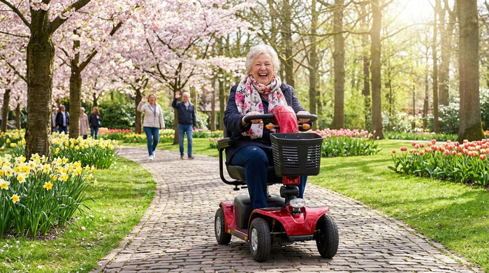 Eine fröhliche ältere Dame fährt mit einem roten Elektromobil auf einem gepflasterten Weg durch einen grünen Park. Frühlingshaftes Wetter, saubere und freundliche Umgebung.