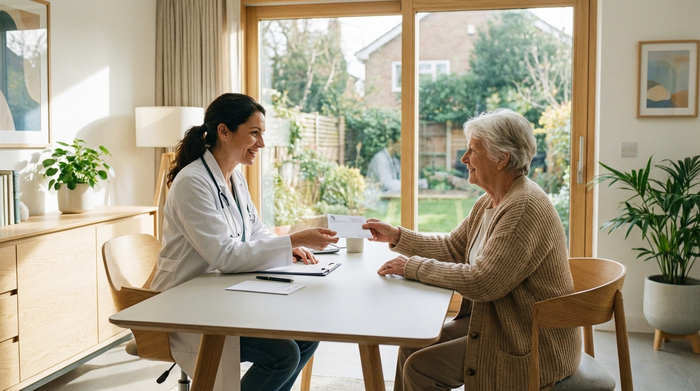 Ein lächelnder Arzt im weißen Kittel reicht einer älteren Patientin in einer modernen, hellen Praxis ein Rezept über den Schreibtisch. Vertrauensvolle, ruhige Atmosphäre.