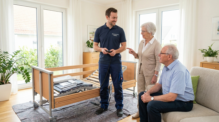 Ein freundlicher Techniker in ordentlicher Arbeitskleidung baut ein Pflegebett in einem Wohnzimmer auf und erklärt einem aufmerksamen älteren Ehepaar die Funktionen der Fernbedienung. Helle, aufgeräumte Szene.