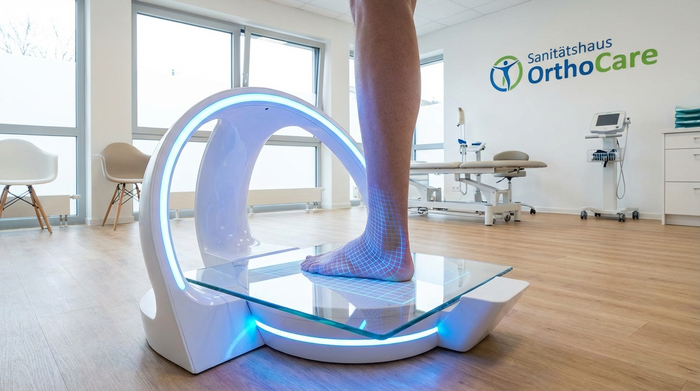 Ein moderner, leuchtender 3D-Fußscanner in einem hellen, sauberen Behandlungsraum eines Sanitätshauses. Ein Fuß steht barfuß auf der sauberen Glasplatte, beleuchtet von sanftem, blauem Licht.