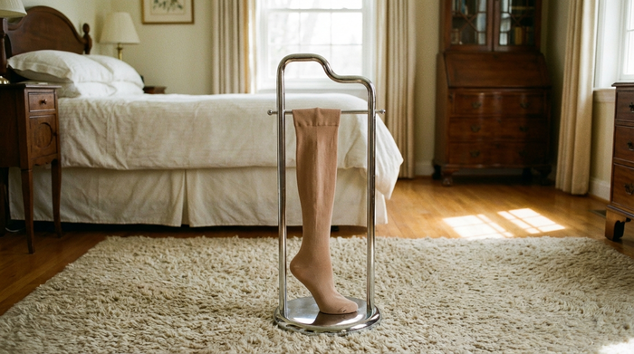 Ein praktischer Strumpfbutler aus glänzendem Metall steht auf einem gemütlichen Teppich im Schlafzimmer. Ein weicher, hautfarbener Kompressionsstrumpf ist bereits sauber darüber gespannt.