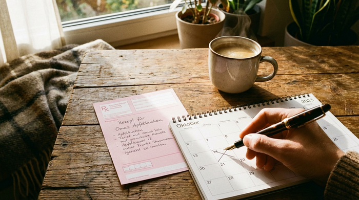 Ein rosa Rezeptformular liegt auf einem rustikalen Holztisch neben einem aufgeschlagenen Kalender und einer dampfenden Tasse Kaffee. Eine Hand hält einen eleganten Stift und kreuzt ein Datum im Kalender an. Helle, gemütliche Wohnatmosphäre am Morgen.