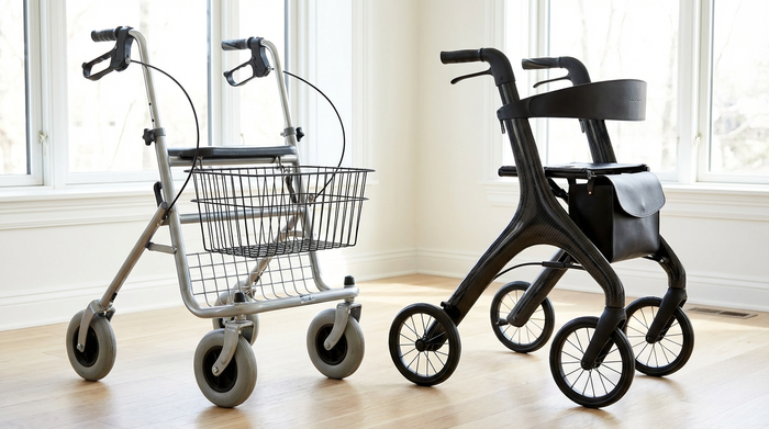 Zwei unterschiedliche Rollatoren stehen nebeneinander in einem hellen Raum. Links ein einfaches, massives Standardmodell aus Metall, rechts ein eleganter, schlanker Leichtgewichtrollator aus dunklem Carbon. Der Fokus liegt auf dem sichtbaren Kontrast der Materialien und dem Design.