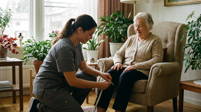 Eine professionelle Pflegefachkraft kniet in einem gemütlichen Wohnzimmer vor einer älteren Dame, die entspannt auf einem Sessel sitzt. Die Fachkraft misst mit einem Maßband behutsam das Bein der Dame aus. Warmes, vertrauensvolles Ambiente mit Pflanzen im Hintergrund.