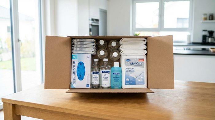 Eine geöffnete Pappbox steht auf einem sauberen Küchentisch. Darin befinden sich ordentlich sortierte Pflegeutensilien wie verpackte Einmalhandschuhe, Desinfektionsmittelflaschen und weiche Betteinlagen. Im Hintergrund ist eine unscharfe, moderne Küche im Tageslicht zu sehen.