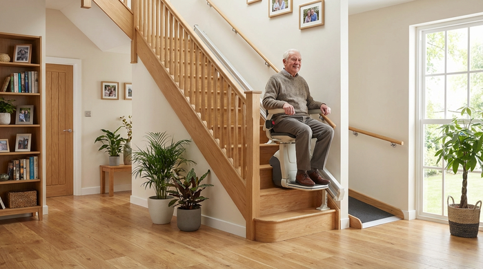 Ein moderner, bequemer Treppenlift gleitet sanft eine helle Holztreppe in einem gepflegten Einfamilienhaus hinauf. Ein älterer Herr sitzt entspannt darauf und lächelt zufrieden. Die Umgebung wirkt wohnlich, sicher und barrierefrei gestaltet.