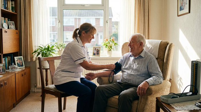 Eine professionelle Pflegekraft misst den Blutdruck eines älteren Herrn, der bequem im heimischen Wohnzimmer sitzt. Helles Tageslicht, aufgeräumte Umgebung, medizinische Routine, realistische Fotografie.