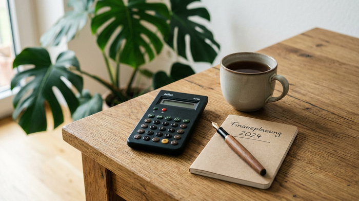 Ein Taschenrechner, ein eleganter Stift und ein Notizblock liegen auf einem hölzernen Schreibtisch neben einer Tasse Tee. Im Hintergrund ist unscharf eine grüne Zimmerpflanze zu erkennen. Symbolisches Bild für die Berechnung von Finanzen, sauber und ordentlich.