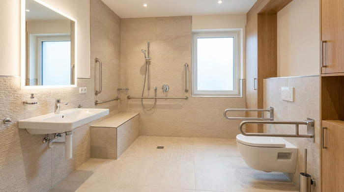 Ein modernes, barrierefreies Badezimmer mit einer großzügigen, ebenerdigen Dusche, stabilen Haltegriffen an den Wänden und rutschfesten, hellen Fliesen. Sicher und komfortabel gestaltet für Senioren.