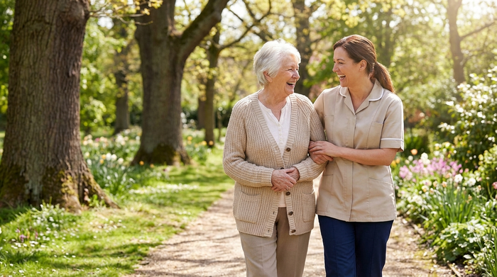 Eine lächelnde ältere Frau spaziert gemeinsam mit einer fürsorglichen Pflegekraft durch einen sonnigen, grünen Park. Entspannte Stimmung, hohe Bäume im Hintergrund, harmonisches Miteinander.