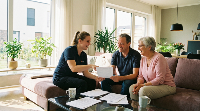 Eine Pflegedienstleitung und eine Familie sitzen entspannt auf einem Sofa und besprechen Dokumente. Die Stimmung ist vertrauensvoll und positiv. Natürliches Tageslicht, modernes Wohnzimmer.
