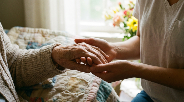 Nahaufnahme von Händen einer älteren Frau, die friedlich in den Händen einer jüngeren Pflegekraft ruhen. Eine Geste des Trostes und der Zuversicht. Helle, weiche Beleuchtung.