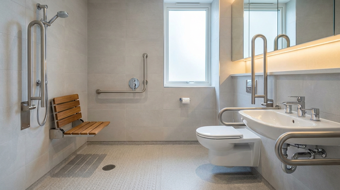 Ein modernes, barrierefreies Badezimmer mit einer bodengleichen Dusche, klappbarem Duschsitz und stabilen Haltegriffen. Sauber, hell, sicher und rutschfest gestaltet. Hochwertige Ausstattung ohne Text.