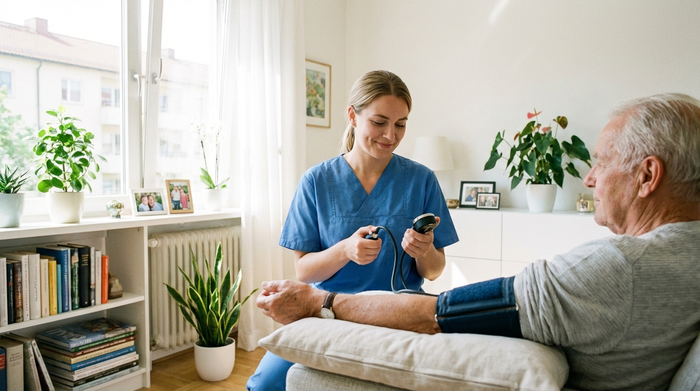 Eine professionelle Pflegekraft in blauer Berufskleidung misst behutsam den Blutdruck eines älteren Herrn in seinem hellen, aufgeräumten Wohnzimmer. Realistische, vertrauensvolle Szene ohne Text.
