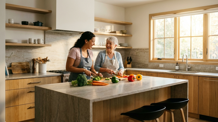 Eine liebevolle Betreuerin kocht gemeinsam mit einer Seniorin in einer sauberen, modernen Küche frisches Gemüse. Beide lachen und genießen die gemeinsame Aktivität. Helle, freundliche Beleuchtung.