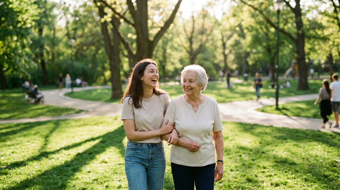 Zwei Frauen, eine jüngere und eine ältere, spazieren Arm in Arm durch einen grünen Park an einem sonnigen Nachmittag. Im Hintergrund sind unscharfe Bäume zu sehen. Friedliche, entspannte Stimmung.