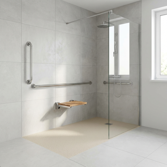 Eine ebenerdige, moderne Dusche in einem hell gefliesten Badezimmer mit Haltegriffen und einem rutschfesten Boden. Sauber, sicher und barrierefrei gestaltet.