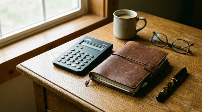 Ein Taschenrechner, ein ledergebundenes Notizbuch und ein eleganter Füllfederhalter liegen auf einem aufgeräumten, hölzernen Schreibtisch, beleuchtet von sanftem Tageslicht.