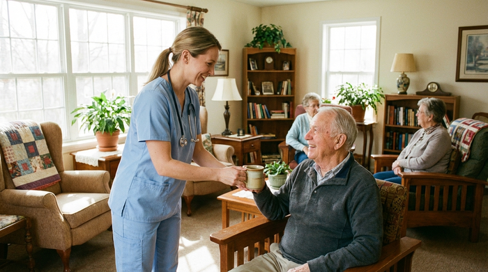 Eine lächelnde Pflegekraft in hellblauer Dienstkleidung reicht einem älteren Herrn eine Tasse Tee in einem sonnigen, gemütlich eingerichteten Gemeinschaftsraum.