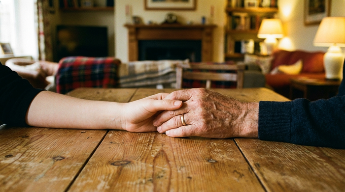 Zwei Hände, eine jung und eine alt, halten sich vertrauensvoll über einem rustikalen Holztisch. Im Hintergrund eine unscharfe, warme und beruhigende Wohnzimmeratmosphäre.