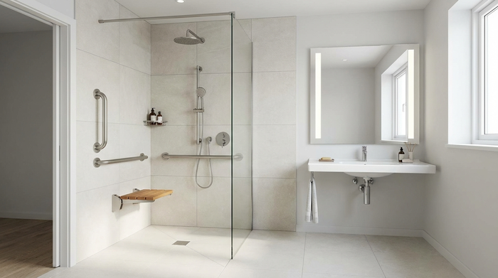 Ein modern umgebautes, barrierefreies Badezimmer mit einer großzügigen, bodengleichen Dusche, einer gläsernen Trennwand und eleganten, sicheren Haltegriffen an den hellen Fliesen.