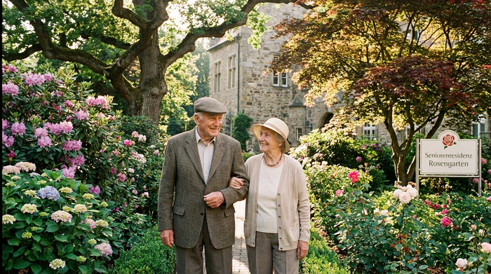 Ein älteres Ehepaar spaziert Arm in Arm durch den gepflegten, grünen Garten einer Seniorenresidenz, umgeben von blühenden Sträuchern und alten Bäumen.