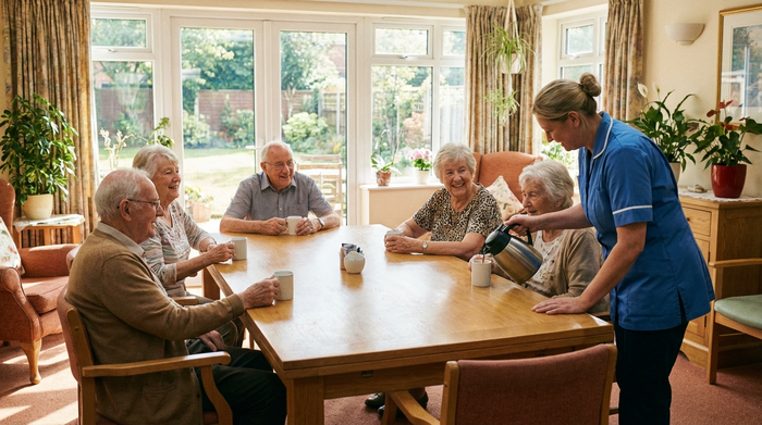 Eine Gruppe von Senioren sitzt entspannt an einem großen Holztisch in einem hellen Raum, einige trinken Kaffee, während eine Pflegekraft unterstützend eine Kaffeekanne hält. Friedliches Miteinander, warme Farben, realistische Szene ohne Text.