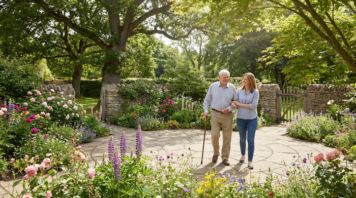 Ein weitläufiger, sicherer Garten mit einem gepflasterten Rundweg, gesäumt von bunten Blumenbeeten und alten Bäumen. Ein älterer Herr spaziert ruhig an der Seite seiner Tochter durch das Grün. Sonniges Wetter, beruhigende Natur, fotorealistisch.