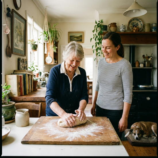 Eine ältere Frau knetet konzentriert und mit sichtbarer Freude Brotteig auf einem bemehlten Holzbrett in einer gemütlichen Küche. Eine Pflegekraft steht lächelnd daneben.