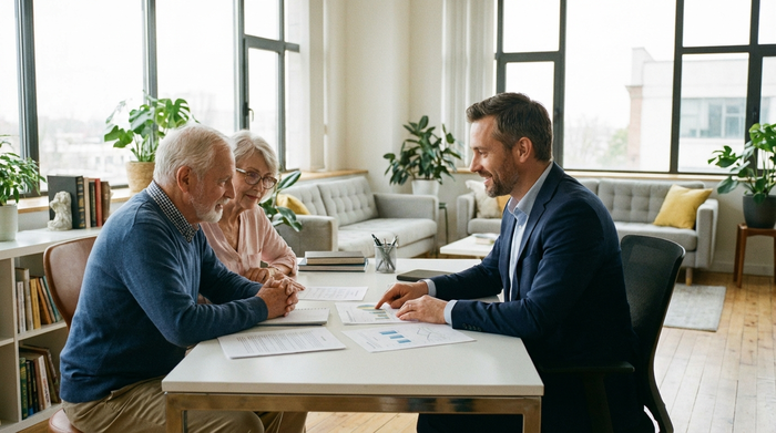 Ein älteres Ehepaar sitzt gemeinsam mit einem professionellen Berater in einem hellen Büro an einem Schreibtisch. Der Berater erklärt freundlich und geduldig verschiedene Dokumente. Seröse, unterstützende Atmosphäre, realistische Darstellung.