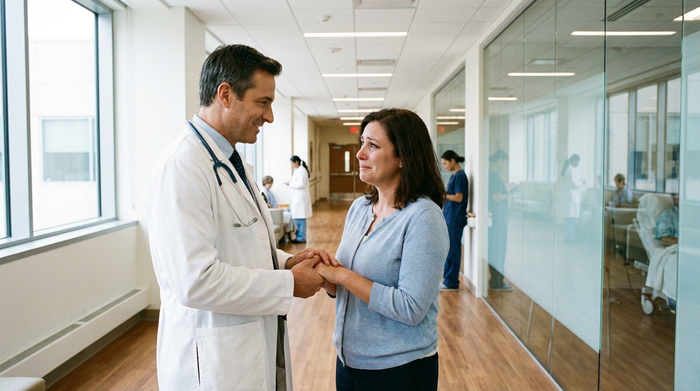 Ein verständnisvoller Arzt im weißen Kittel spricht beruhigend mit einer besorgten Frau im Flur eines modernen Krankenhauses. Helle Beleuchtung, sauberes Umfeld, professionelle und empathische Atmosphäre.