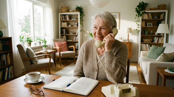 Eine ältere Frau telefoniert lächelnd mit einem Festnetztelefon in ihrem gemütlichen Wohnzimmer. Auf dem Tisch liegt ein aufgeschlagenes Notizbuch. Helles Tageslicht, aufgeräumte und wohnliche Umgebung.