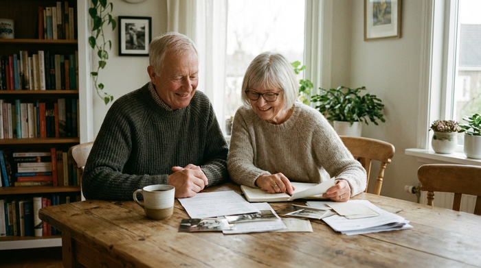 Ein älteres Ehepaar sitzt gemeinsam an einem Holztisch und schaut entspannt auf einige Dokumente. Eine Tasse Kaffee dampft daneben. Ruhige, konzentrierte und positive Stimmung im heimischen Esszimmer.
