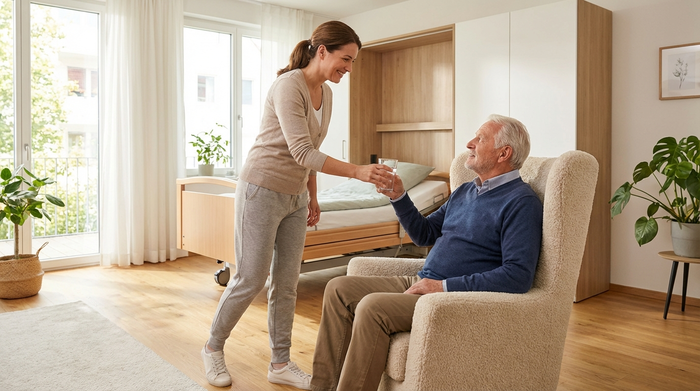 Eine freundliche Pflegekraft reicht einem älteren Herrn ein Glas Wasser in seinem hellen, barrierefreien Wohnzimmer. Im Hintergrund ist ein modernes, unauffälliges Pflegebett zu erkennen. Respektvoller und fürsorglicher Umgang.