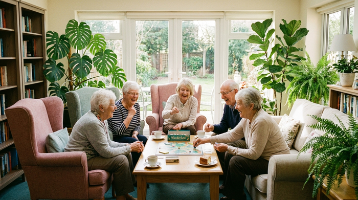 Mehrere Senioren sitzen fröhlich zusammen in einer gemütlichen Sitzecke und spielen ein Brettspiel. Helle, saubere Umgebung mit großen Fenstern und Zimmerpflanzen.