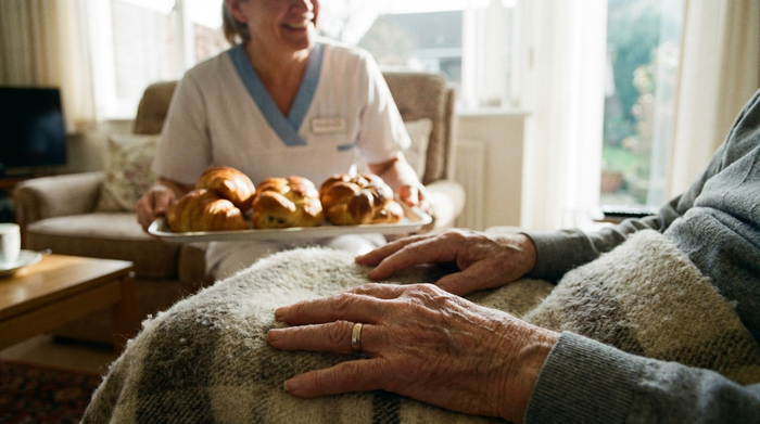 Nahaufnahme von Händen einer älteren Person, die entspannt auf dem Schoß ruhen, während im unscharfen Hintergrund eine Pflegekraft lächelnd ein Tablett mit frischem Gebäck bringt.