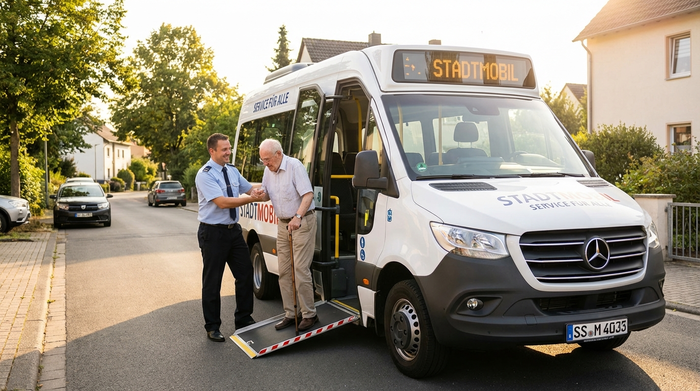 Ein freundlicher Fahrer hilft einem älteren Herrn mit Gehstock beim Einsteigen in einen modernen, weißen Kleinbus. Sonniges Wetter, sicheres und professionelles Umfeld in einer ruhigen Wohnstraße.