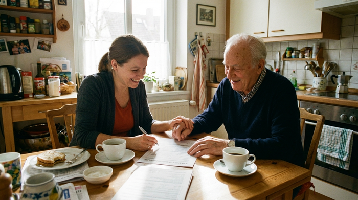 Eine erwachsene Tochter und ihr älterer Vater sitzen am Küchentisch und füllen gemeinsam entspannt ein Formular aus. Beide wirken glücklich und erleichtert.