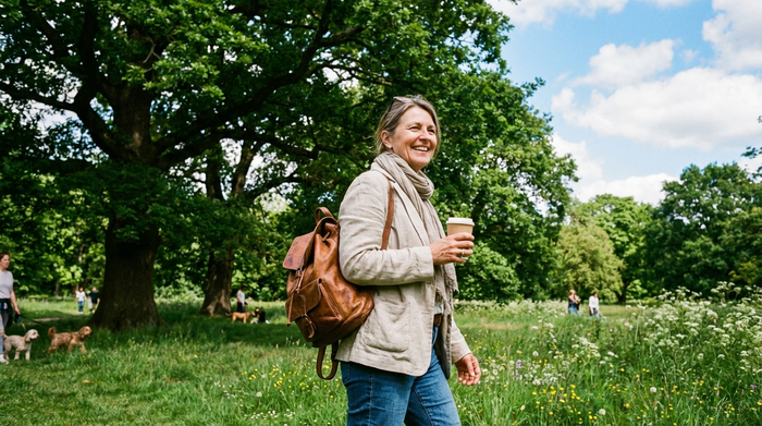 Eine Frau mittleren Alters spaziert entspannt und lächelnd durch einen grünen Park. Sie genießt sichtlich ihre freie Zeit, mit großen Bäumen und blauem Himmel im Hintergrund.