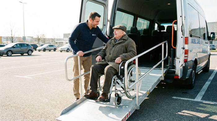 Ein geduldiger Pfleger unterstützt einen älteren Herrn im Rollstuhl auf einer sicheren, flachen Rampe beim Einstieg in ein Transportfahrzeug, helles Tageslicht, respektvolle und fürsorgliche Interaktion.