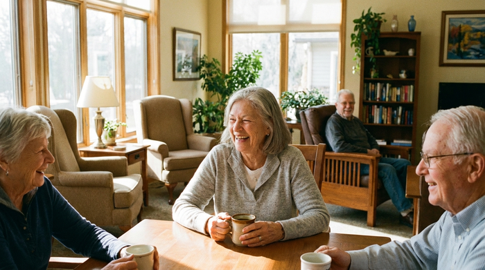 Eine ältere Frau sitzt entspannt an einem Tisch und hält eine Kaffeetasse, während sie sich fröhlich mit anderen Senioren in einem hellen, gemütlichen Gemeinschaftsraum unterhält.