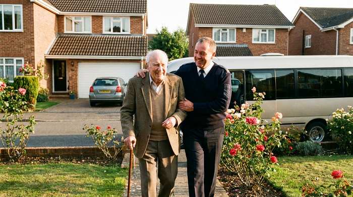 Ein sympathischer Fahrer begleitet einen Senior mit Gehstock freundlich bis zur Haustür eines gepflegten Einfamilienhauses, warme Nachmittagssonne, vertrauensvolle Stimmung zwischen den beiden Personen.