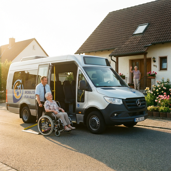 Ein moderner, rollstuhlgerechter Kleinbus hält vor einem gepflegten Einfamilienhaus. Ein freundlicher Fahrer hilft einer lächelnden älteren Dame behutsam beim Einsteigen. Helles Morgenlicht, positive Stimmung.