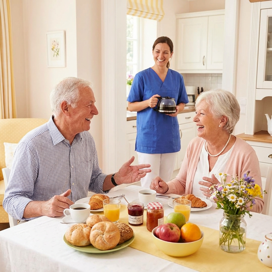 Ein liebevoll gedeckter Frühstückstisch mit frischen Brötchen, Kaffee und Obst. Zwei Senioren unterhalten sich angeregt, während eine Pflegekraft im Hintergrund lächelnd eine Kaffeekanne hält. Helle, freundliche Farben.