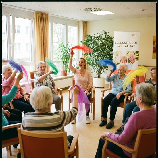 Eine Gruppe von Senioren sitzt im Kreis auf bequemen Stühlen und macht leichte Gymnastikübungen mit bunten Tüchern. Eine motivierende Kursleiterin macht die Bewegungen vor. Fokus auf Vitalität und Freude.