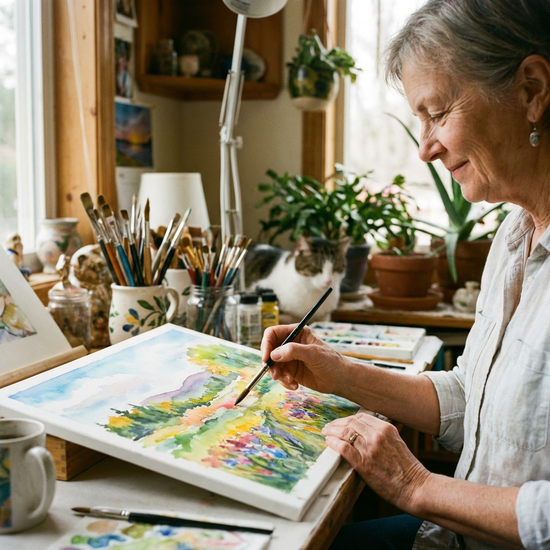 Eine ältere Dame malt mit Wasserfarben ein farbenfrohes Bild auf einer Leinwand. Ihre Hände sind ruhig, ihr Gesichtsausdruck konzentriert und zufrieden. Warme, kreative Atmosphäre.