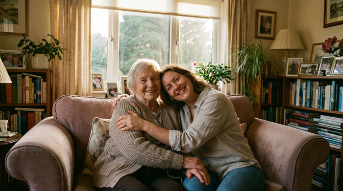 Eine erwachsene Tochter umarmt ihre ältere Mutter liebevoll auf dem Sofa im heimischen Wohnzimmer. Beide wirken entspannt und glücklich. Sanftes Abendlicht fällt durch das Fenster.