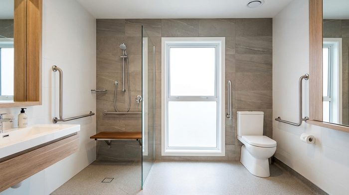 Ein modern und barrierefrei umgebautes Badezimmer mit einer bodengleichen Dusche, stabilen Haltegriffen und einem bequemen Duschsitz. Alles ist sauber, hell und sicher gestaltet.