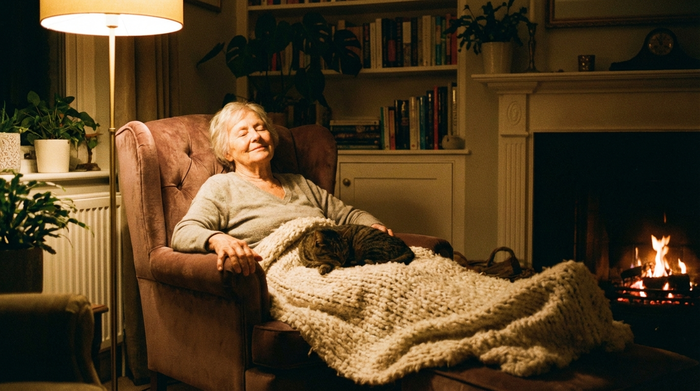 Eine ältere Dame sitzt entspannt in einem weichen Ruhesessel, die Augen geschlossen, ein friedliches Lächeln auf den Lippen. Eine flauschige Decke liegt über ihren Beinen. Gedimmtes, warmes Licht.